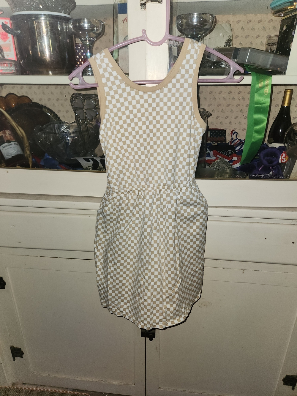 GAP Beige & White Checkered Sleeveless Pocket Dress
